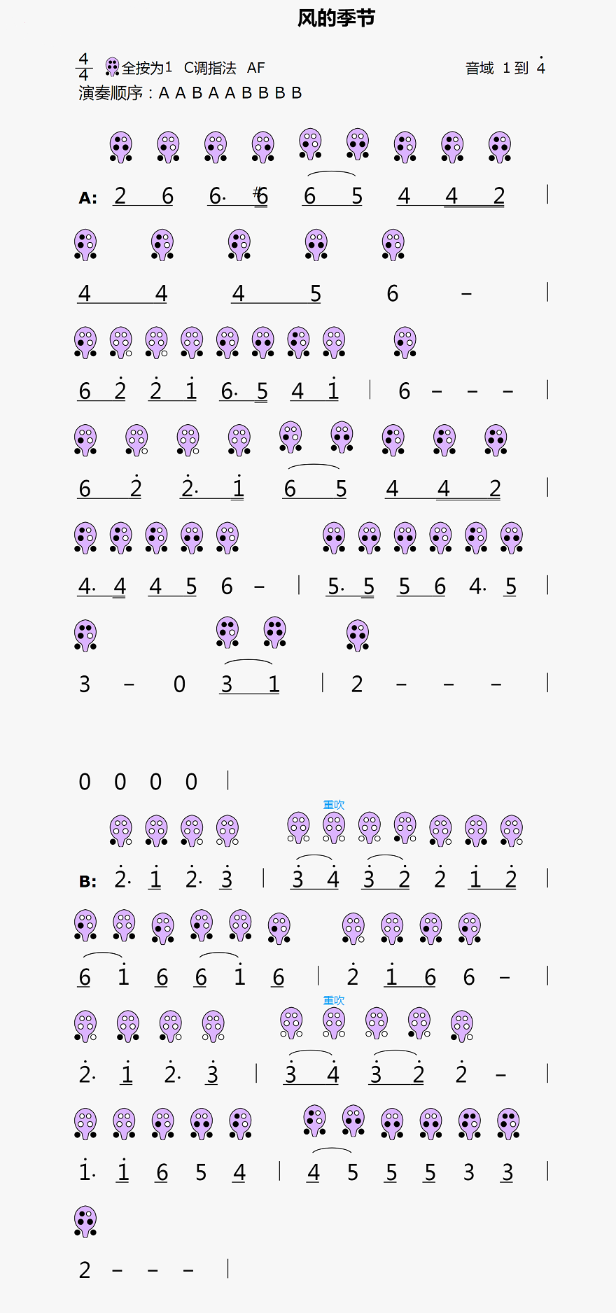 《风的季节》6孔简谱