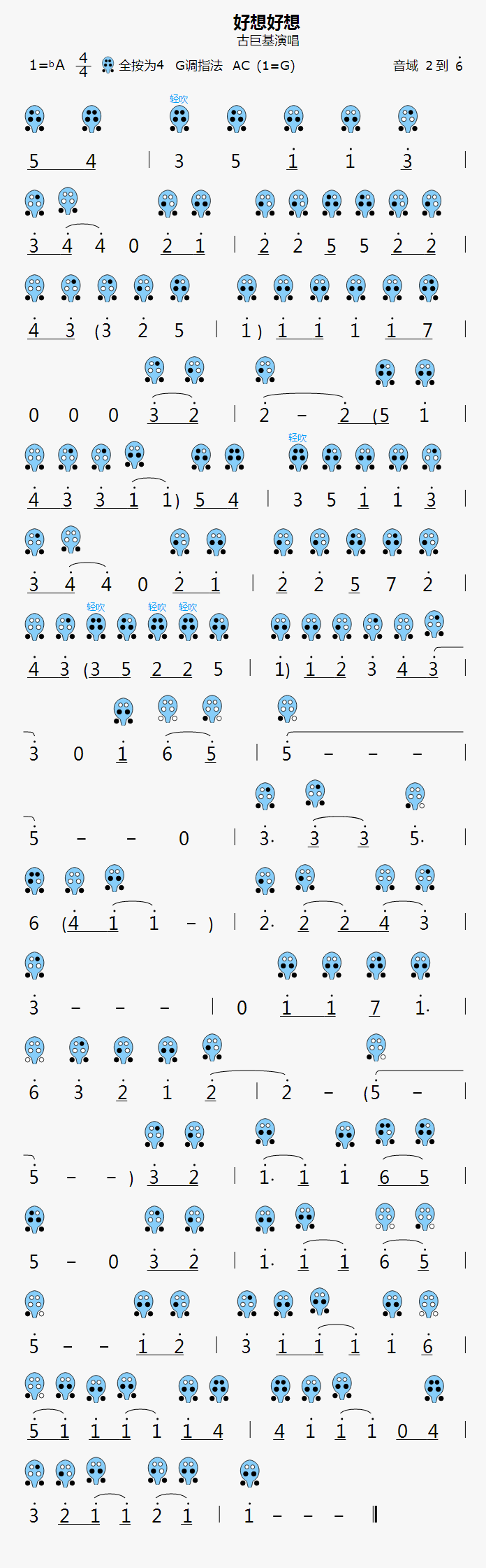 《好想好想》6孔陶笛曲谱