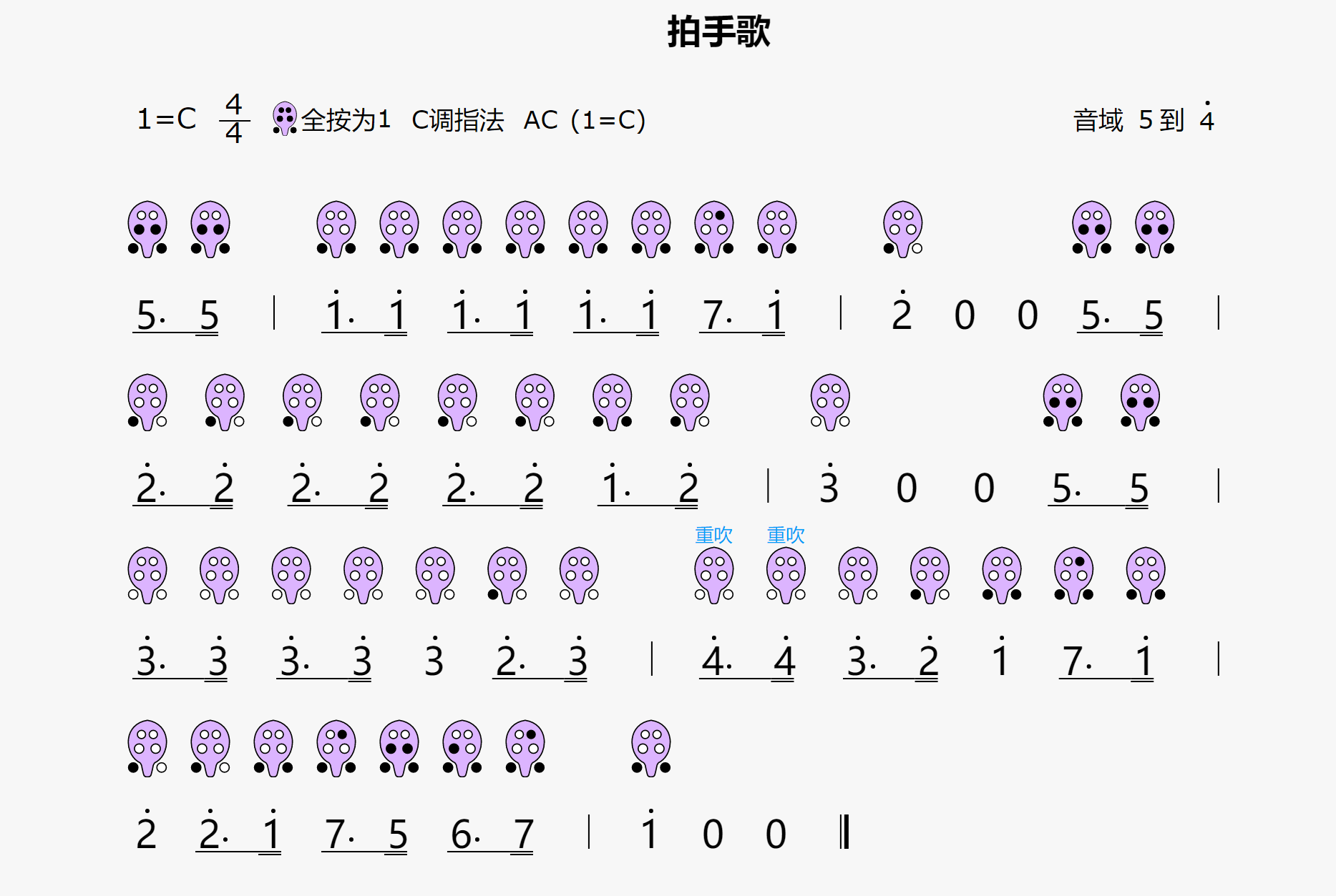 {拍手歌}6孔陶笛曲谱