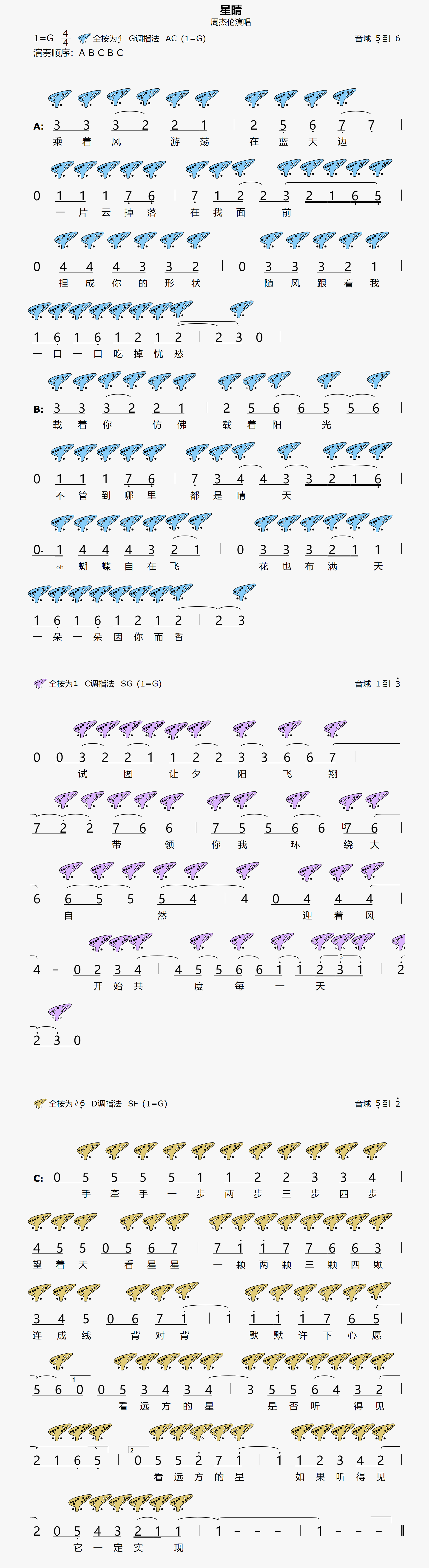 {星晴}12孔陶笛曲谱